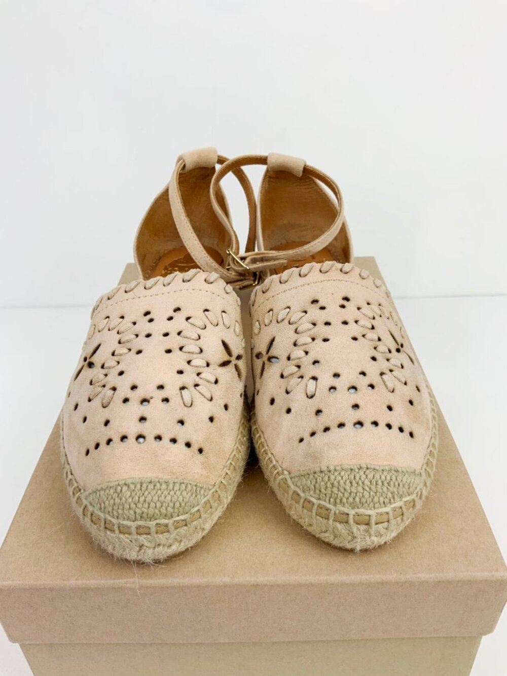Kanna Flat Closed Toe Tan/Blush Nutbuck Laser Cut Ankle Strap Espadrilles Sz 39 - Picture 14 of 16